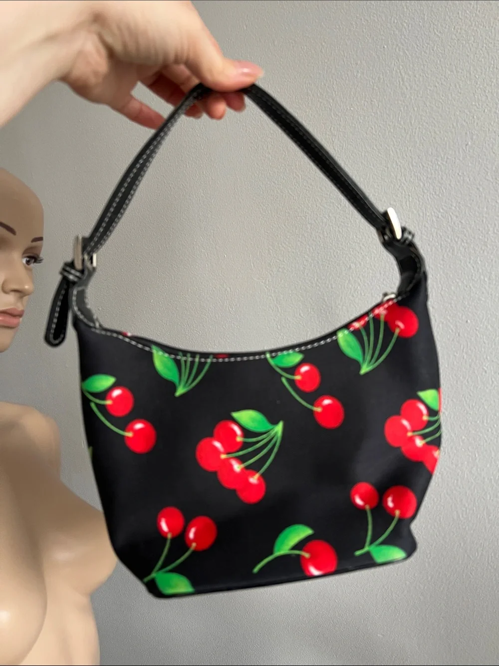 Vintage Kate Spade Cherry Print Mini Shoulder Hand Bag Black Red